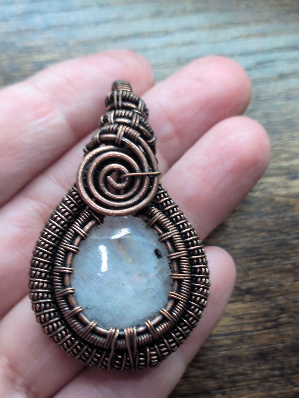 Handcrafted Copper Wire Wrapped Moonstone Pendant - White